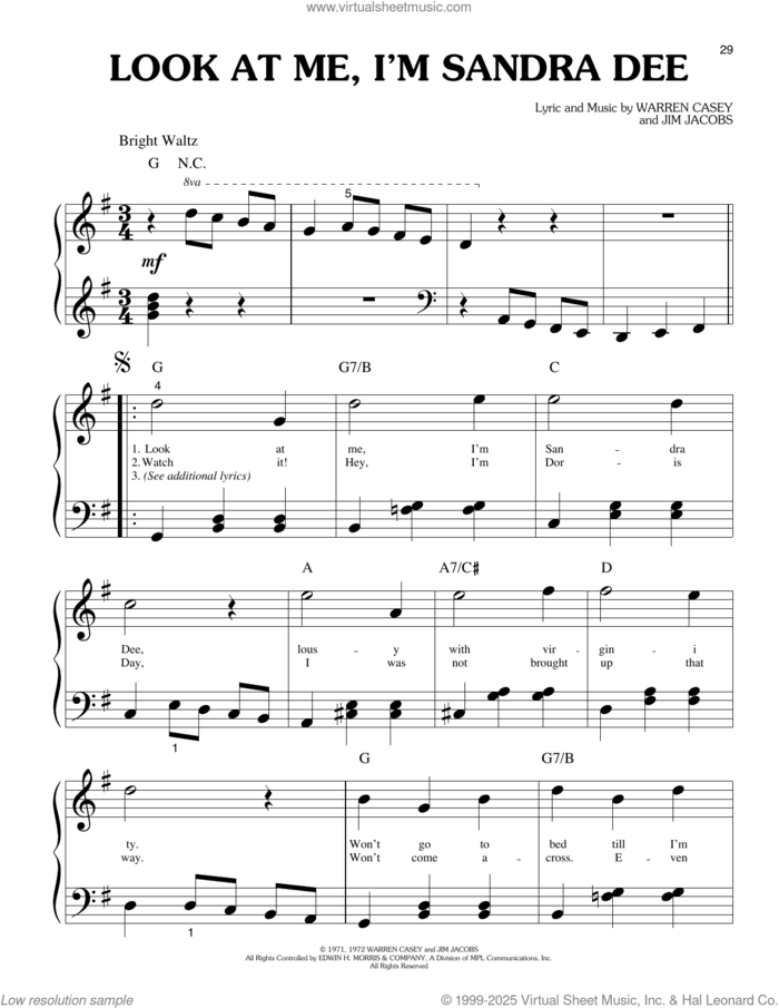Look At Me, I'm Sandra Dee (from Grease) sheet music for piano solo (big note book) by Olivia Newton-John, Jim Jacobs and Warren Casey, easy piano (big note book)