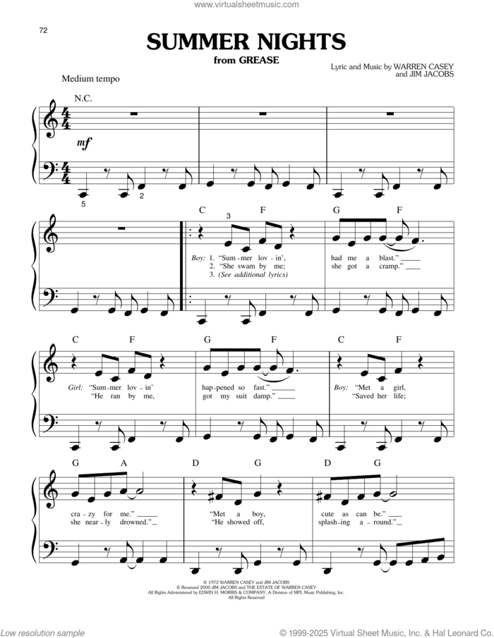 Summer Nights (from Grease) sheet music for piano solo (big note book) by Olivia Newton-John and John Travolta, John Travolta, Olivia Newton-John, Jim Jacobs and Warren Casey, easy piano (big note book)