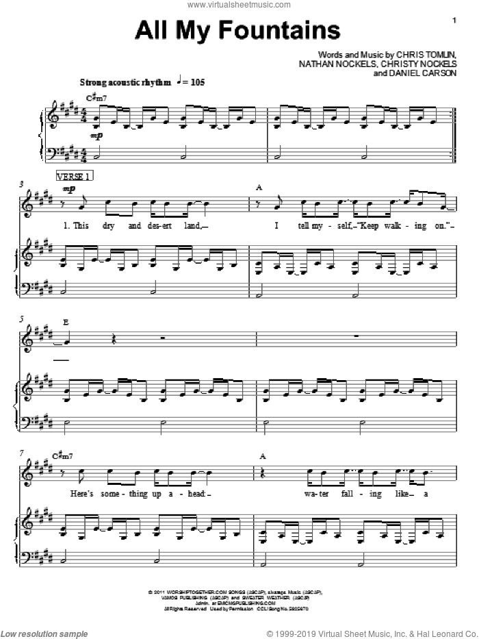 All My Fountains sheet music for voice, piano or guitar by Chris Tomlin, Passion Band, Christy Nockels, Daniel Carson and Nathan Nockels, intermediate skill level