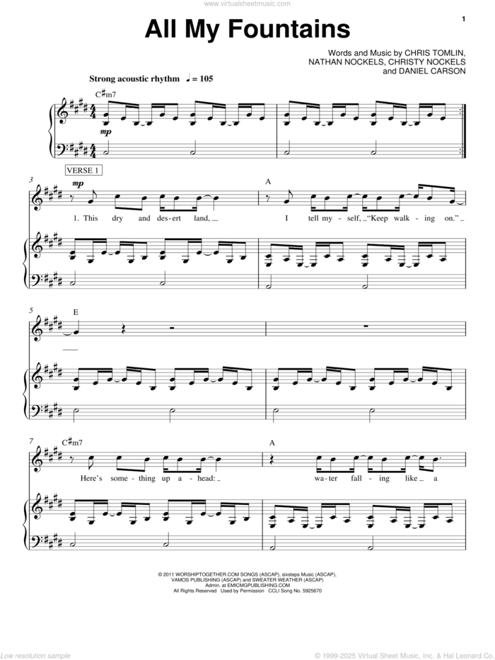 All My Fountains sheet music for voice, piano or guitar by Chris Tomlin, Passion Band, Christy Nockels, Daniel Carson and Nathan Nockels, intermediate skill level