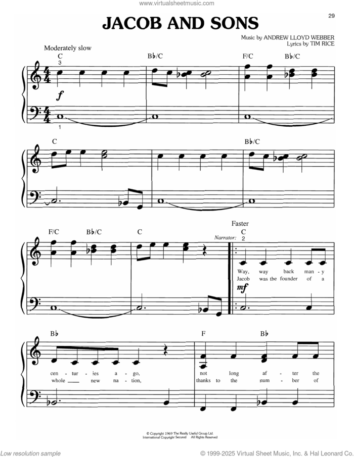 Jacob And Sons (from Joseph and the Amazing Technicolor Dreamcoat) sheet music for piano solo (big note book) by Andrew Lloyd Webber and Tim Rice, easy piano (big note book)