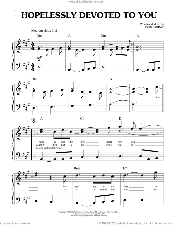 Hopelessly Devoted To You (from Grease) sheet music for piano solo (big note book) by Olivia Newton-John and John Farrar, easy piano (big note book)