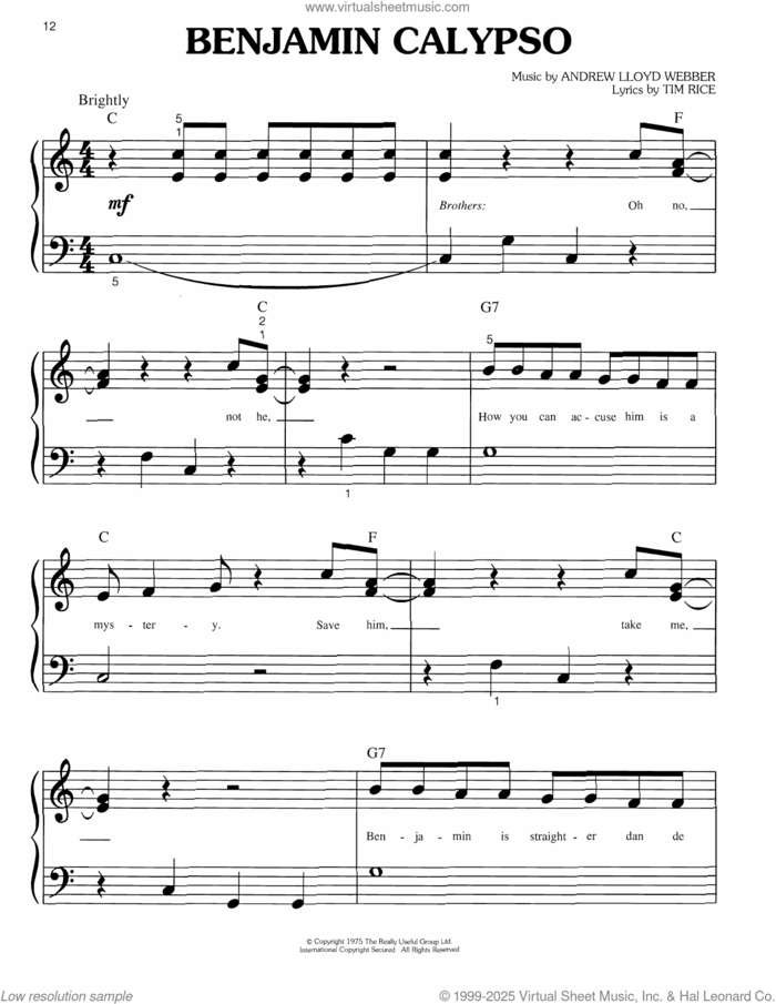 Benjamin Calypso (from Joseph and the Amazing Technicolor Dreamcoat) sheet music for piano solo (big note book) by Andrew Lloyd Webber and Tim Rice, easy piano (big note book)