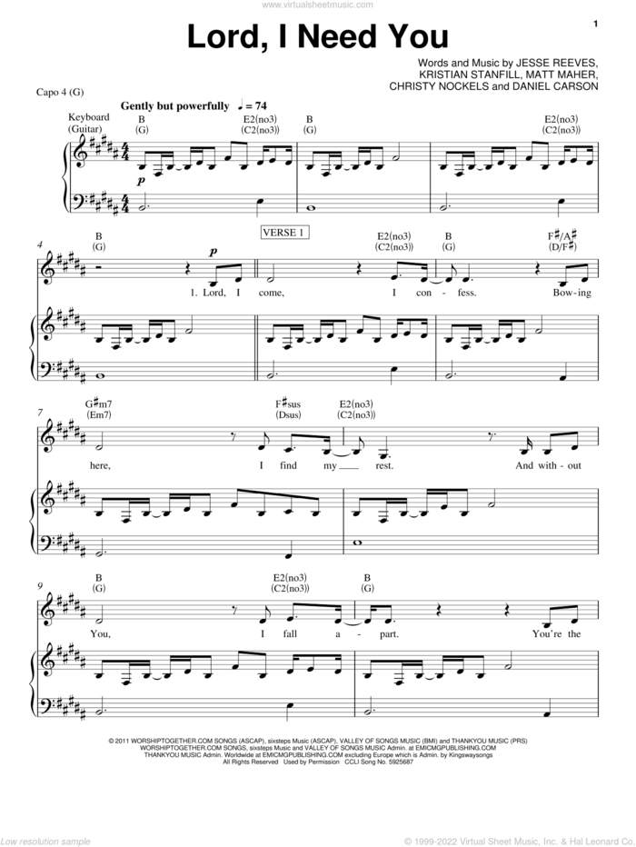Lord, I Need You sheet music for voice, piano or guitar by Chris Tomlin, Passion & Chris Tomlin, Passion Band, Christy Nockels, Daniel Carson, Jesse Reeves, Kristian Stanfill and Matt Maher, intermediate skill level