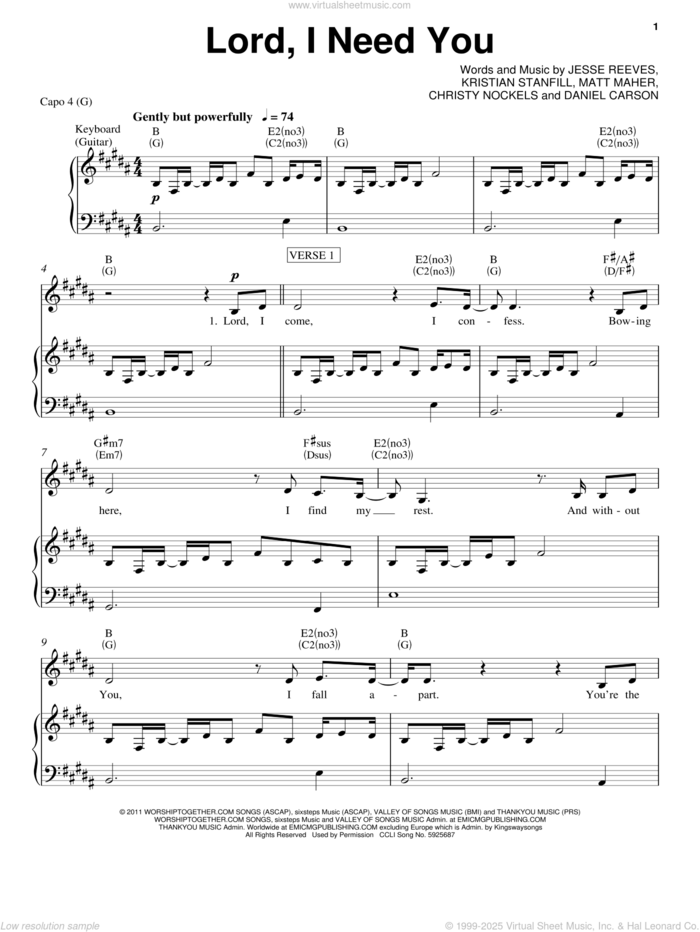 Lord, I Need You sheet music for voice, piano or guitar by Chris Tomlin, Passion & Chris Tomlin, Passion Band, Christy Nockels, Daniel Carson, Jesse Reeves, Kristian Stanfill and Matt Maher, intermediate skill level