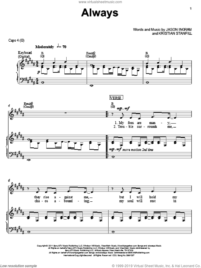 Always sheet music for voice, piano or guitar by Kristian Stanfill, Passion Band and Jason Ingram, intermediate skill level
