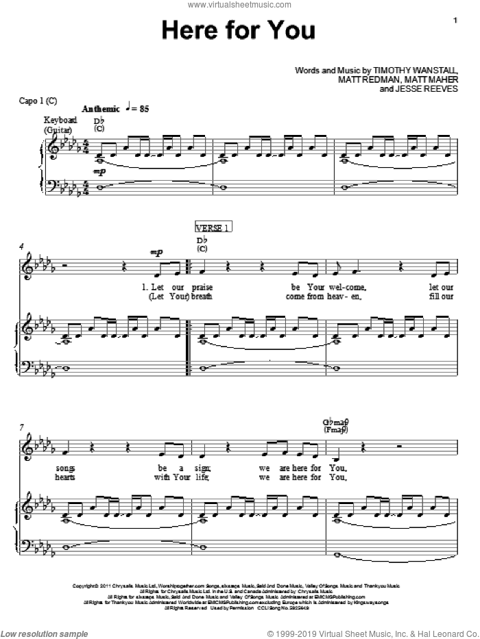 Here For You sheet music for voice, piano or guitar by Chris Tomlin, Passion Band, Jesse Reeves, Matt Maher, Matt Redman and Tim Wanstall, intermediate skill level