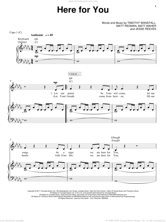 Here For You sheet music for voice, piano or guitar by Chris Tomlin, Passion Band, Jesse Reeves, Matt Maher, Matt Redman and Tim Wanstall, intermediate skill level