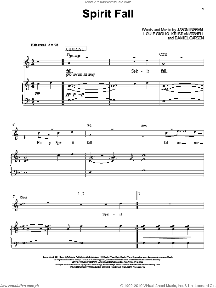 Spirit Fall sheet music for voice, piano or guitar by Chris Tomlin, Passion Band, Daniel Carson, Jason Ingram, Kristian Stanfill and Louie Giglio, intermediate skill level