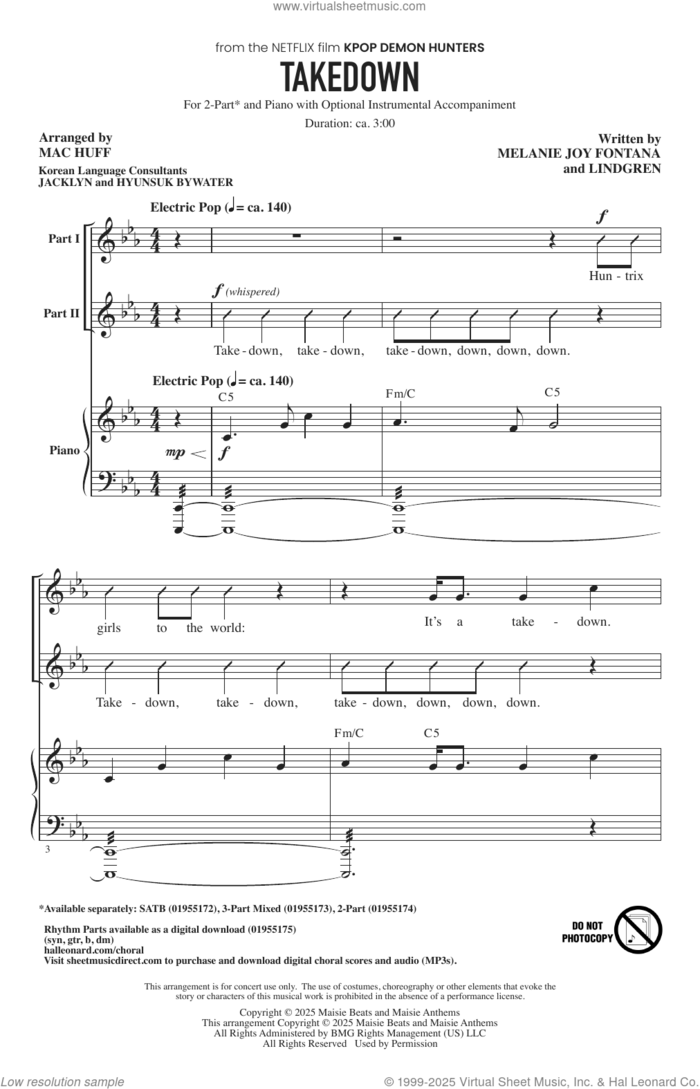 Takedown (from KPop Demon Hunters) (arr. Mac Huff) sheet music for choir (2-Part) by Huntr/x (Ejae, Audrey Nuna and Rei Ami), Mac Huff, Lindgren and Melanie Joy Fontana, intermediate duet