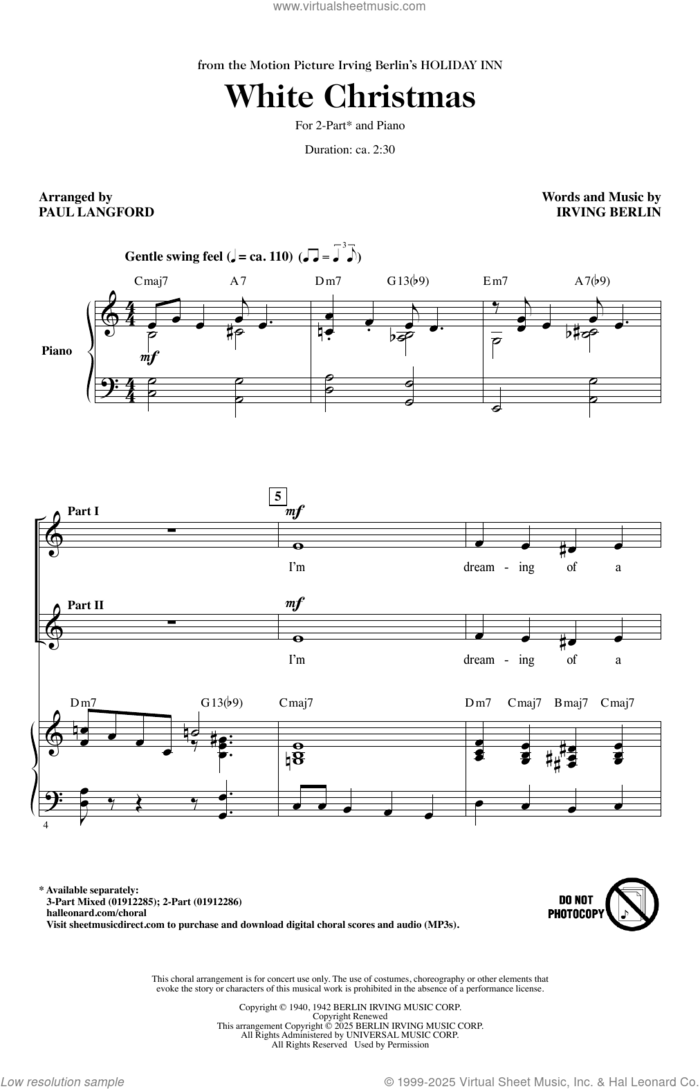 White Christmas sheet music for choir (2-Part) by Irving Berlin and Paul Langford, intermediate duet