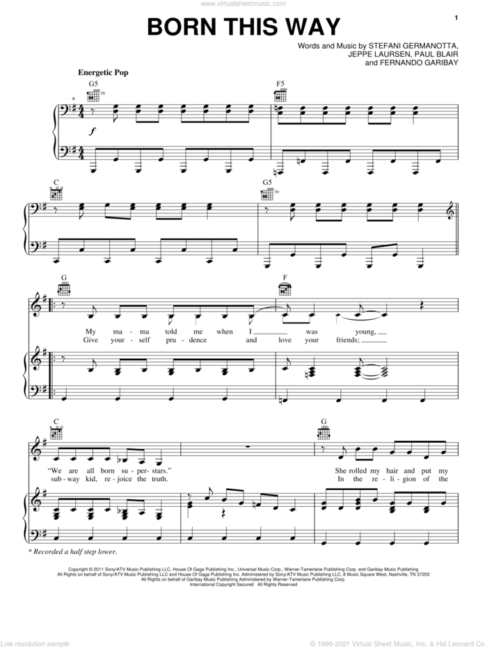 Born This Way sheet music for voice, piano or guitar by Lady GaGa, Fernando Garibay, Jeppe Laursen and Paul Blair, intermediate skill level