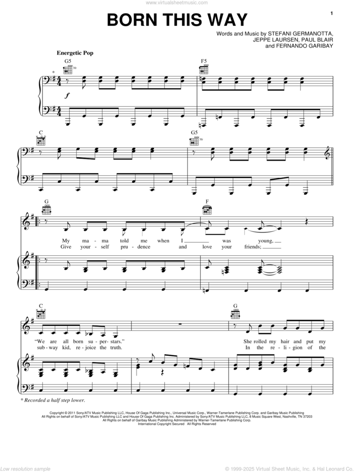 Born This Way sheet music for voice, piano or guitar by Lady GaGa, Fernando Garibay, Jeppe Laursen and Paul Blair, intermediate skill level