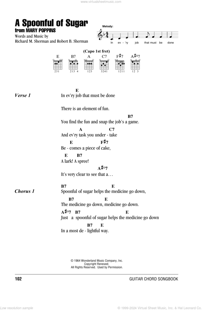 A Spoonful Of Sugar (from Mary Poppins) sheet music for guitar (chords) by Sherman Brothers, Mary Poppins (Movie), Richard M. Sherman and Robert B. Sherman, intermediate skill level