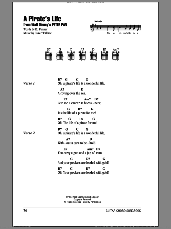 A Pirate's Life (from Peter Pan) sheet music for guitar (chords) by Oliver Wallace, Ed Penner and Oliver Wallace & Ed Penner, intermediate skill level