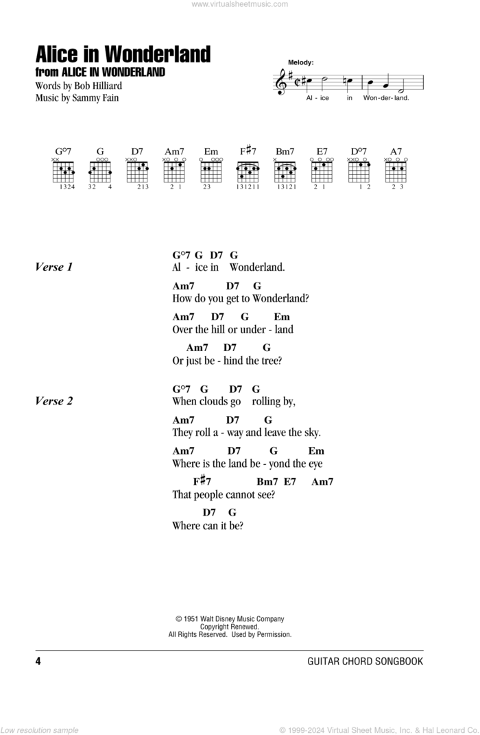 Alice In Wonderland sheet music for guitar (chords) by Bill Evans, Bob Hilliard and Sammy Fain, intermediate skill level