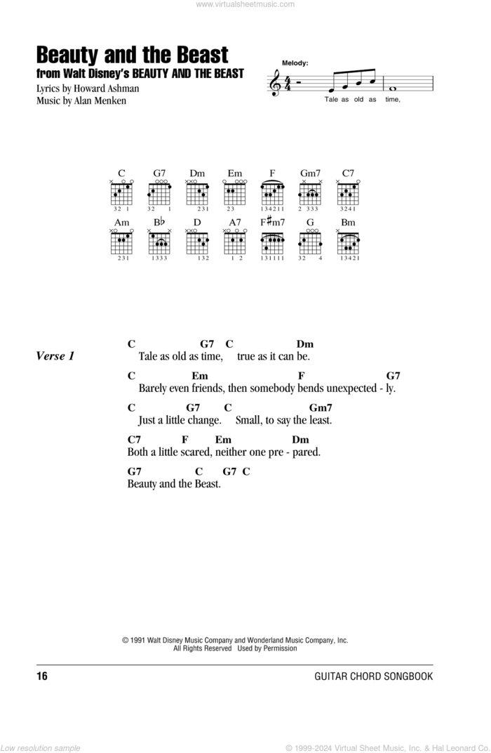 Beauty And The Beast sheet music for guitar (chords) by Alan Menken, Celine Dion & Peabo Bryson, Alan Menken & Howard Ashman and Howard Ashman, wedding score, intermediate skill level