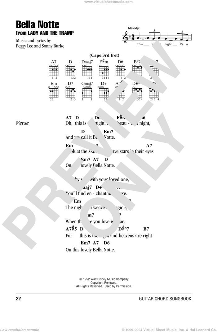 Bella Notte (This Is The Night) (from Lady And The Tramp) sheet music for guitar (chords) by Peggy Lee and Sonny Burke, intermediate skill level