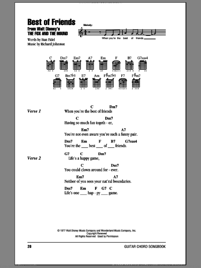 Best Of Friends (from The Fox And The Hound) sheet music for guitar (chords) by Richard Johnston, Pearl Bailey and Stan Fidel, intermediate skill level