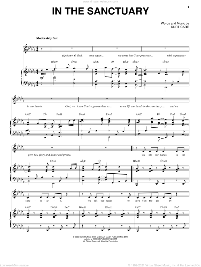 In The Sanctuary sheet music for voice and piano by Kurt Carr, intermediate skill level