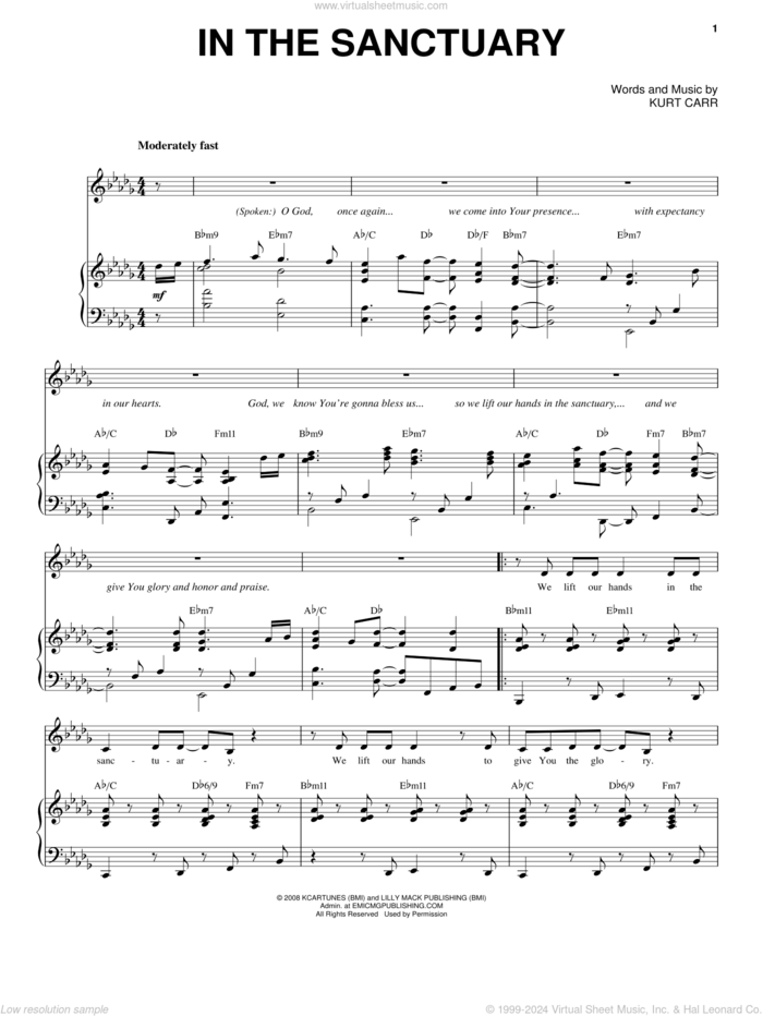 In The Sanctuary sheet music for voice and piano by Kurt Carr, intermediate skill level