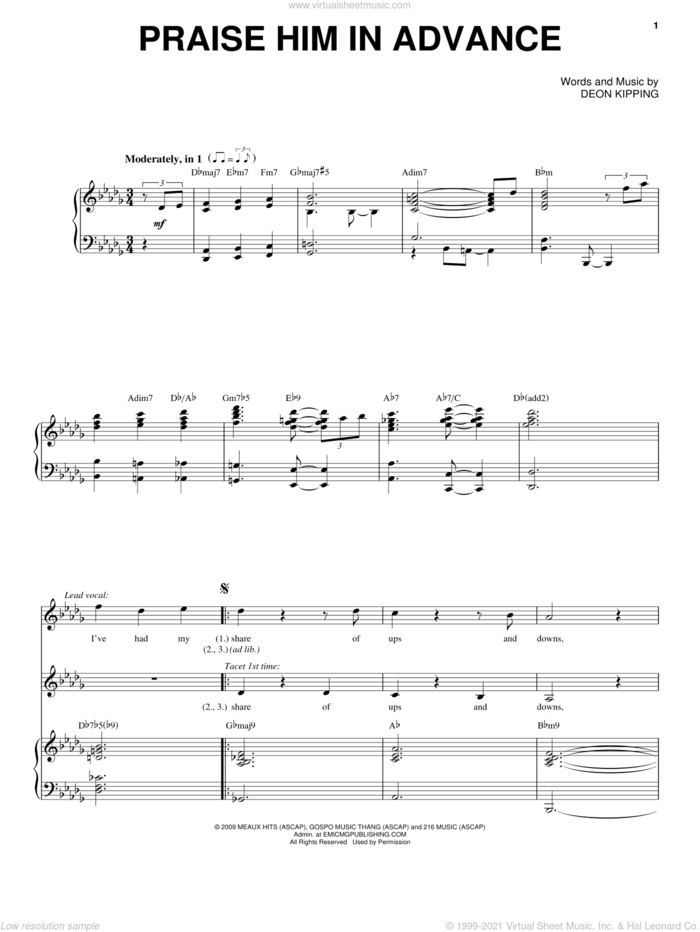 Praise Him In Advance sheet music for voice and piano by Marvin Sapp and Deon Kipping, intermediate skill level