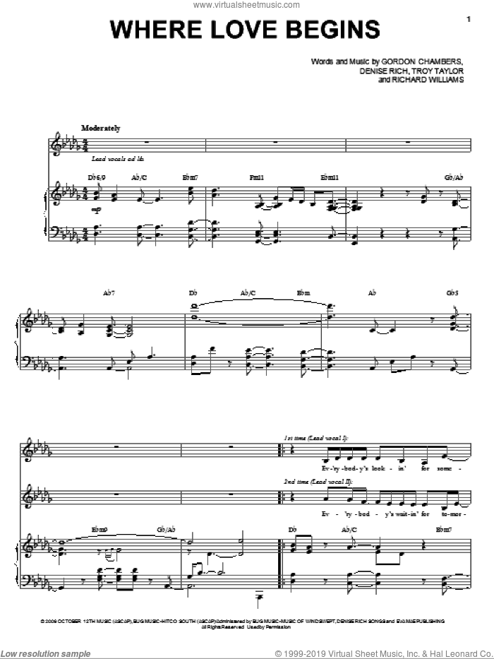Where Love Begins sheet music for voice and piano by Patti LaBelle with Yolanda Adams, Patti LaBelle, Yolanda Adams, Denise Rich, Gordon Chambers, Richard Williams and Troy Taylor, intermediate skill level