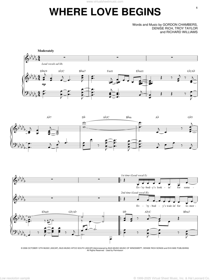Where Love Begins sheet music for voice and piano by Patti LaBelle with Yolanda Adams, Fantasia Barrino, Patti LaBelle, Yolanda Adams, Denise Rich, Gordon Chambers, Richard Williams and Troy Taylor, intermediate skill level