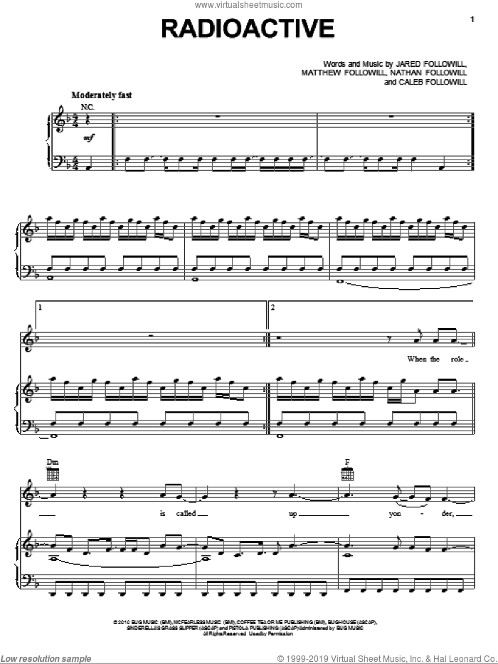 Radioactive sheet music for voice, piano or guitar by Kings Of Leon, Caleb Followill, Jared Followill, Matthew Followill and Nathan Followill, intermediate skill level