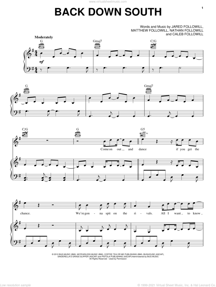Back Down South sheet music for voice, piano or guitar by Kings Of Leon, Caleb Followill, Jared Followill, Matthew Followill and Nathan Followill, intermediate skill level