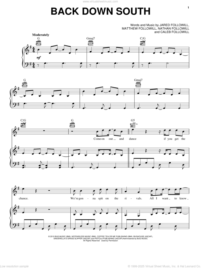 Back Down South sheet music for voice, piano or guitar by Kings Of Leon, Caleb Followill, Jared Followill, Matthew Followill and Nathan Followill, intermediate skill level