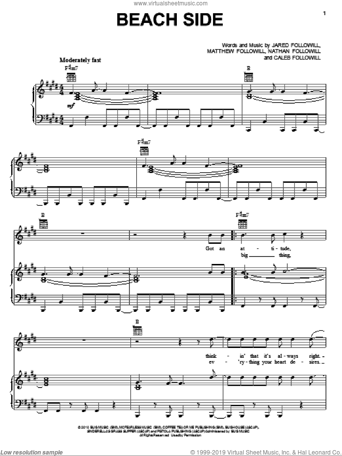 Beach Side sheet music for voice, piano or guitar by Kings Of Leon, Caleb Followill, Jared Followill, Matthew Followill and Nathan Followill, intermediate skill level