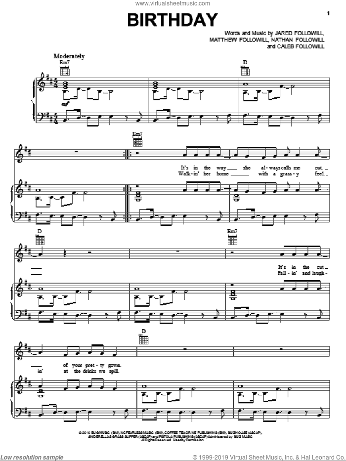 Birthday sheet music for voice, piano or guitar by Kings Of Leon, Caleb Followill, Jared Followill, Matthew Followill and Nathan Followill, intermediate skill level