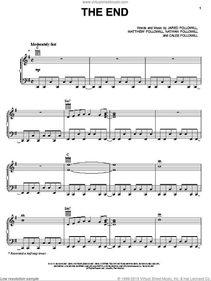 The End sheet music for voice, piano or guitar by Kings Of Leon, Caleb Followill, Jared Followill, Matthew Followill and Nathan Followill, intermediate skill level