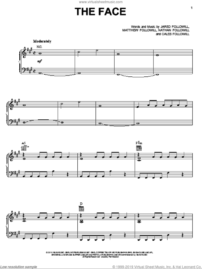 The Face sheet music for voice, piano or guitar by Kings Of Leon, Caleb Followill, Jared Followill, Matthew Followill and Nathan Followill, intermediate skill level