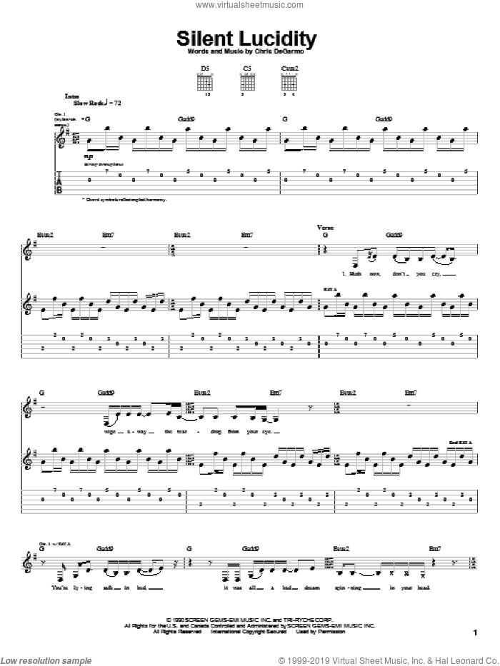 Silent Lucidity sheet music for guitar (tablature) by Queensryche and Chris DeGarmo, intermediate skill level
