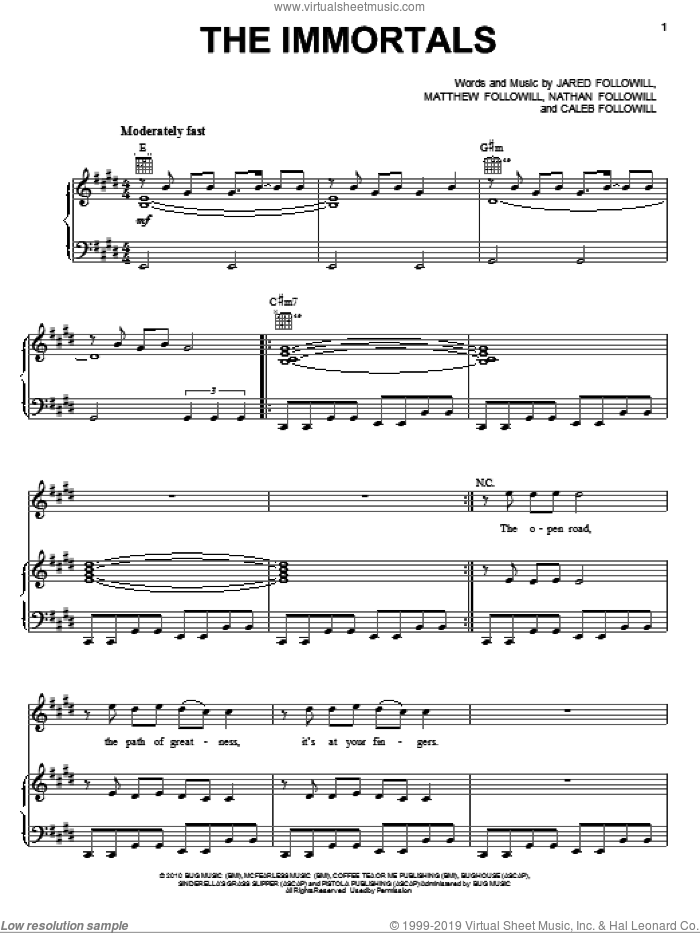The Immortals sheet music for voice, piano or guitar by Kings Of Leon, Caleb Followill, Jared Followill, Matthew Followill and Nathan Followill, intermediate skill level