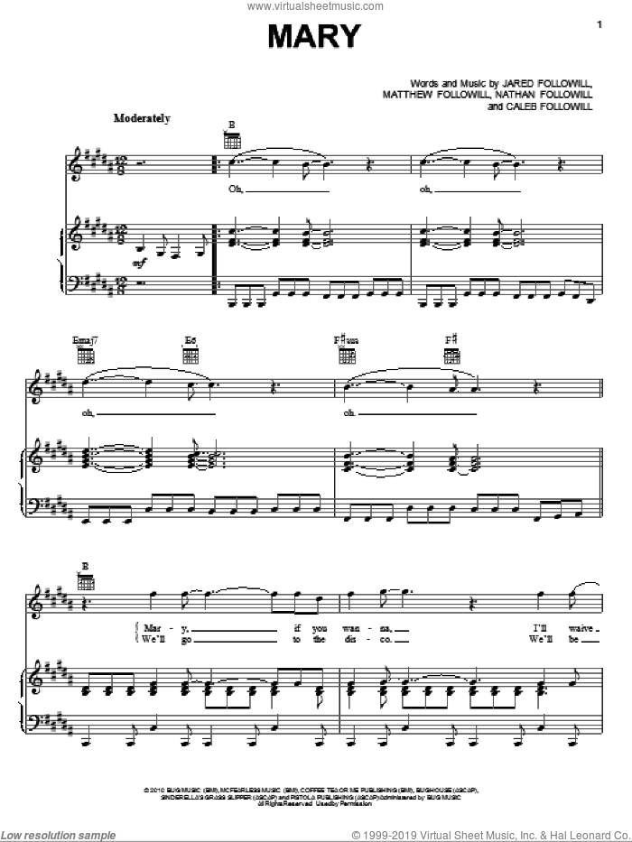 Mary sheet music for voice, piano or guitar by Kings Of Leon, Caleb Followill, Jared Followill, Matthew Followill and Nathan Followill, intermediate skill level