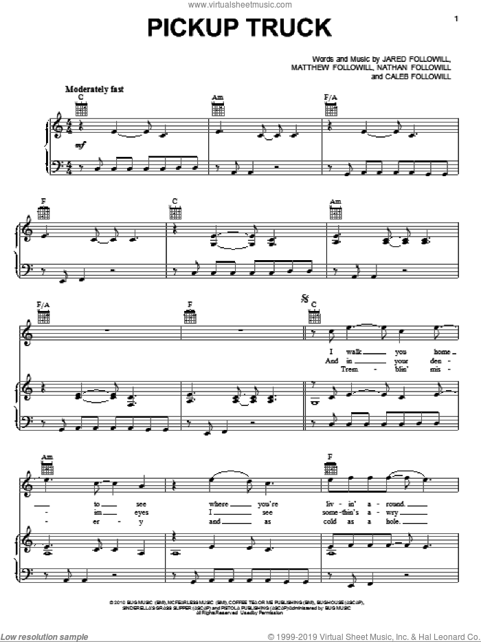Pickup Truck sheet music for voice, piano or guitar by Kings Of Leon, Caleb Followill, Jared Followill, Matthew Followill and Nathan Followill, intermediate skill level