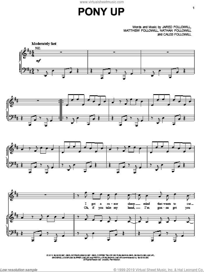 Pony Up sheet music for voice, piano or guitar by Kings Of Leon, Caleb Followill, Jared Followill, Matthew Followill and Nathan Followill, intermediate skill level