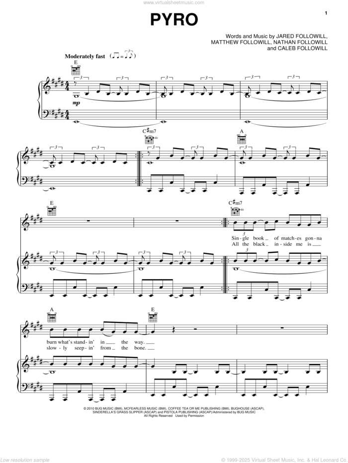 Pyro sheet music for voice, piano or guitar by Kings Of Leon, Caleb Followill, Jared Followill, Matthew Followill and Nathan Followill, intermediate skill level