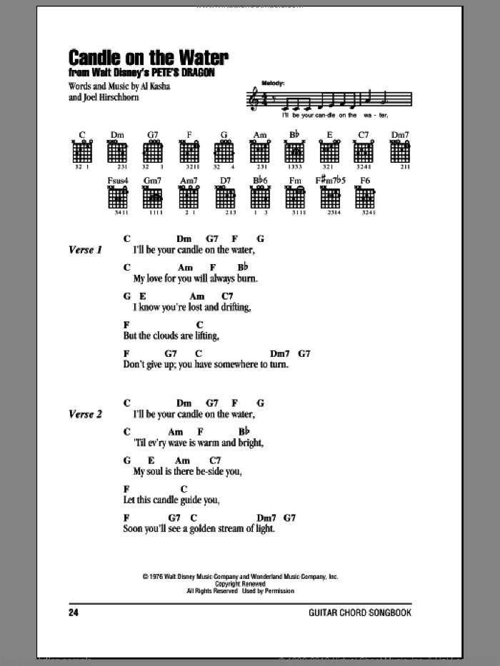 Candle On The Water (from Pete's Dragon) sheet music for guitar (chords) by Helen Reddy, Al Kasha and Joel Hirschhorn, wedding score, intermediate skill level