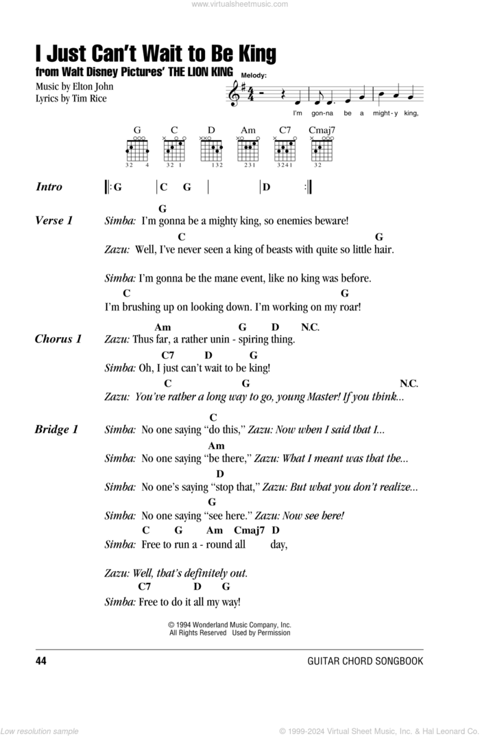 I Just Can't Wait To Be King (from The Lion King) sheet music for guitar (chords) by Elton John, The Lion King and Tim Rice, intermediate skill level