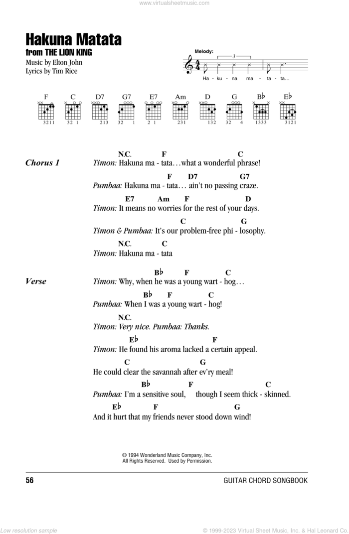 Hakuna Matata (from The Lion King) sheet music for guitar (chords) by Elton John, The Lion King and Tim Rice, intermediate skill level