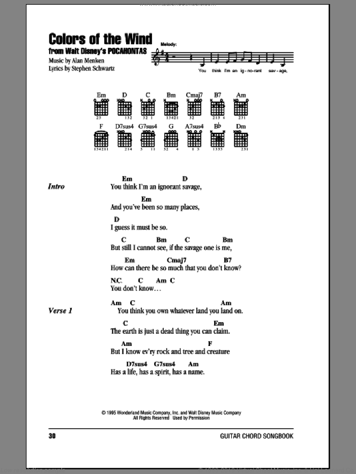 Colors Of The Wind (from Pocahontas) sheet music for guitar (chords) by Alan Menken, Vanessa Williams, Alan Menken & Stephen Schwartz and Stephen Schwartz, intermediate skill level