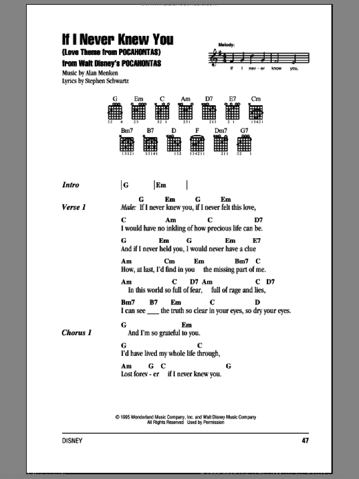 If I Never Knew You (End Title) (from Pocahontas) sheet music for guitar (chords) by Jon Secada and Shanice, Jon Secada, Shanice, Alan Menken and Stephen Schwartz, intermediate skill level