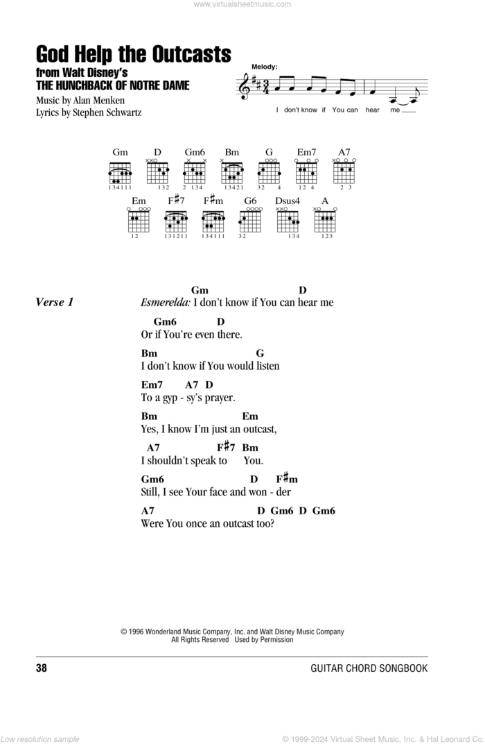 God Help The Outcasts (from The Hunchback Of Notre Dame) sheet music for guitar (chords) by Bette Midler, Alan Menken and Stephen Schwartz, intermediate skill level