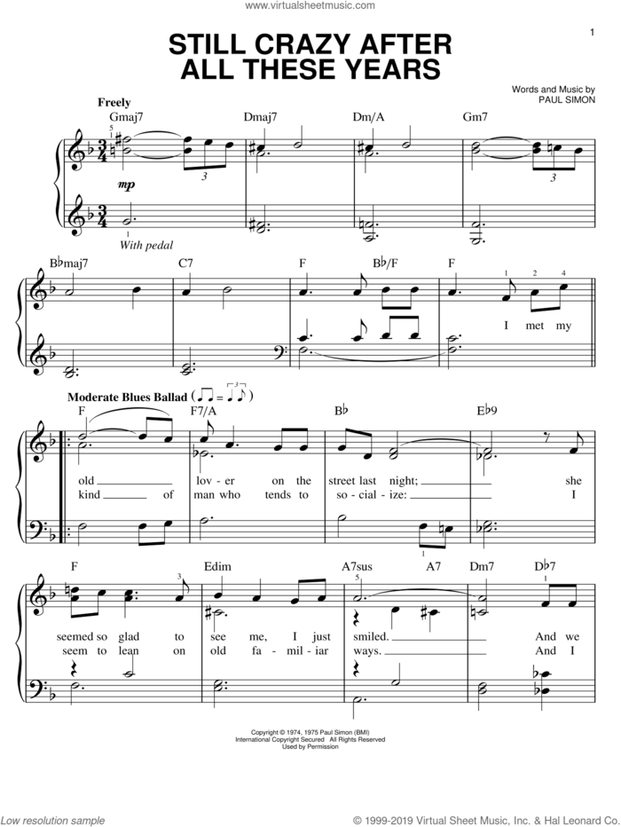 Still Crazy After All These Years sheet music for piano solo by Paul Simon, easy skill level