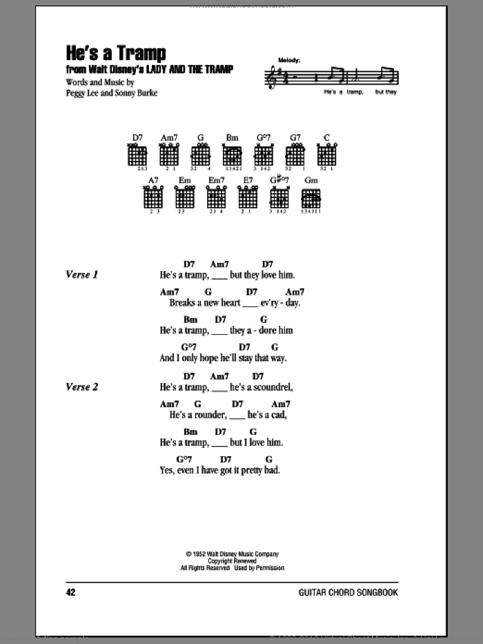 He's A Tramp (from Lady And The Tramp) sheet music for guitar (chords) by Peggy Lee and Sonny Burke, intermediate skill level