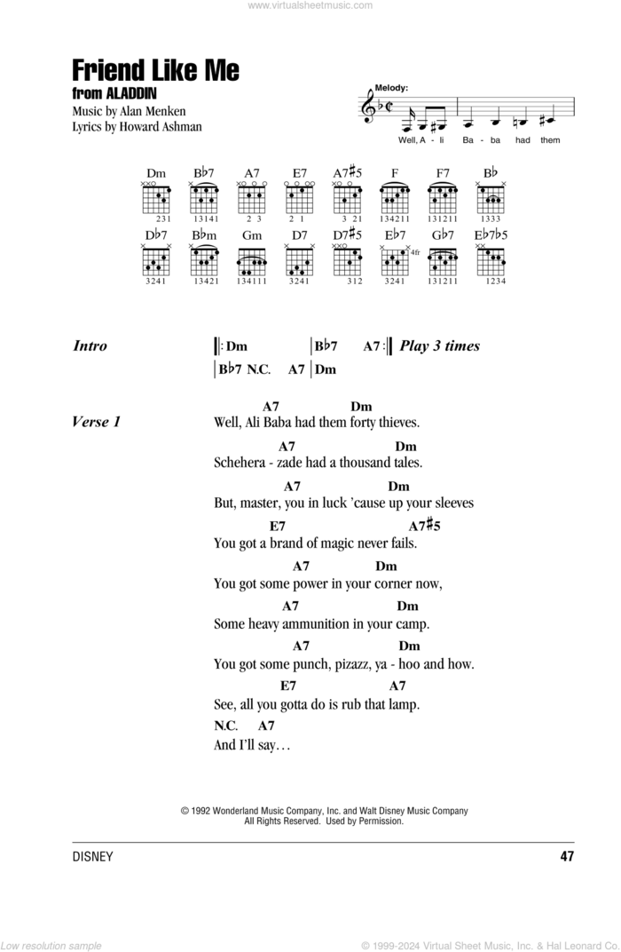 Friend Like Me (from Aladdin) sheet music for guitar (chords) by Alan Menken, Alan Menken & Howard Ashman and Howard Ashman, intermediate skill level